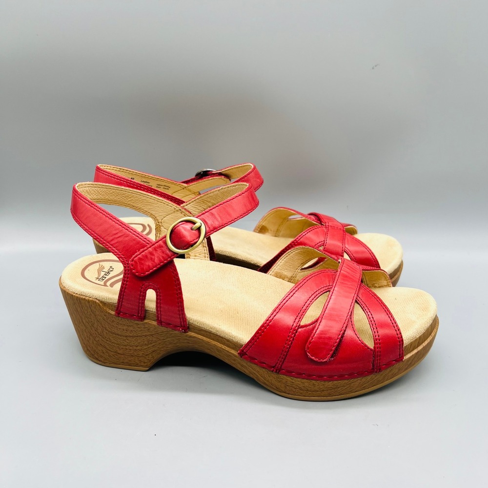 Dansko Sandals Womens 9.5 Red Leather Ankle Strappy Wedge Buckle Summer Shoes